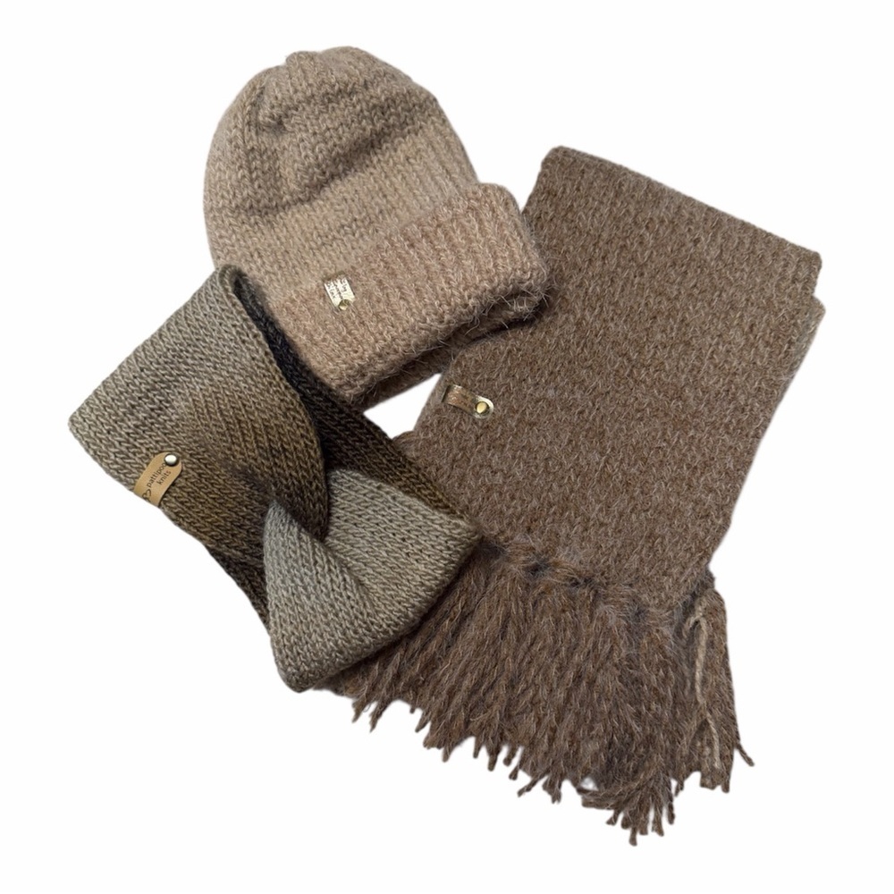 Cozy Brown Knit Hat, Scarf, and Headband Set